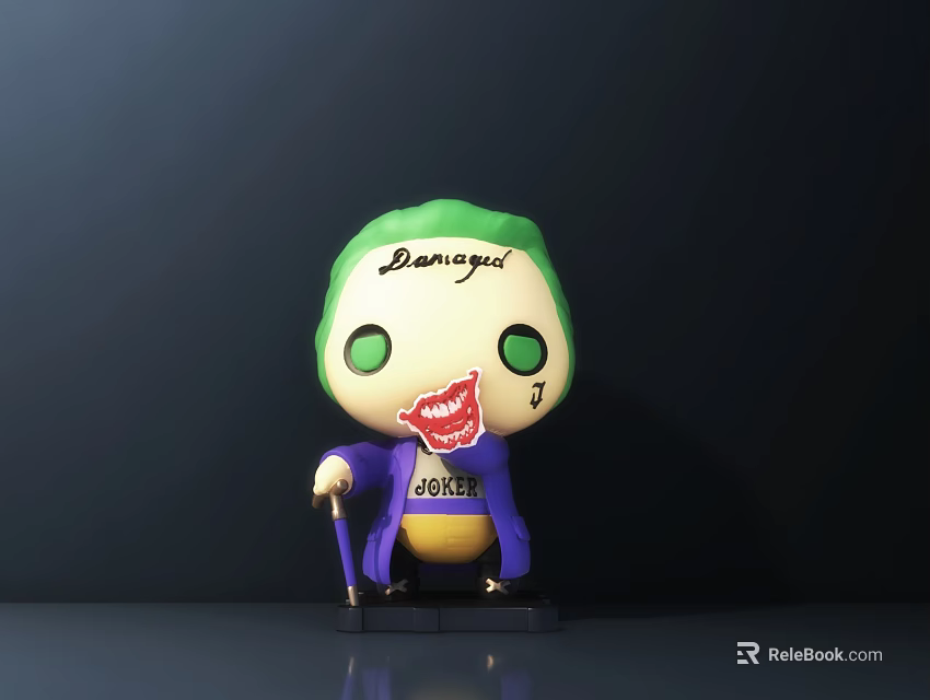 Joker Doll With Green Hair Damaged Text Purple Coat Holding Smile Joker Sign Black Base 3d model 