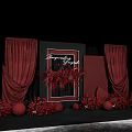 Elegant Red And Black Decorative Scene With Curtains Frame Floral Arrangements And Spheres