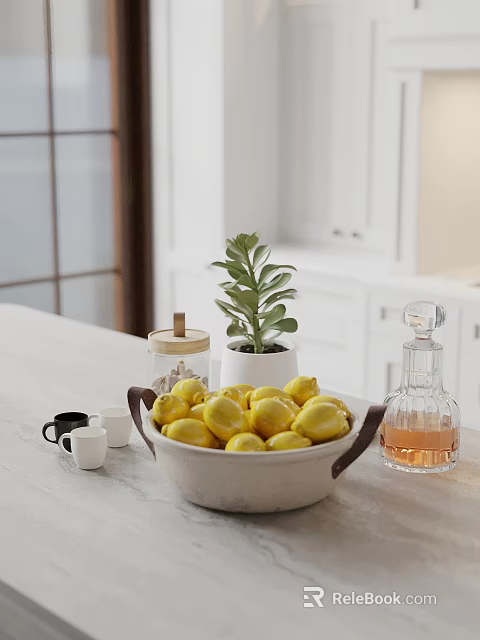 Bright Kitchen Counter With Lemon Bowl Potted Plant Glass Jars And White Cabinets 3d model 