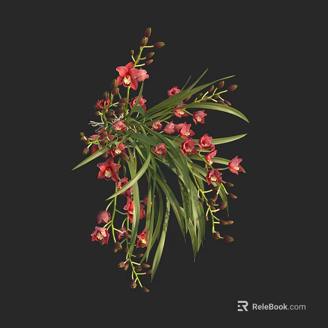 Beautiful Red Orchids with Green Leaves Blooms and Buds in Hanging Arrangement 3d model 