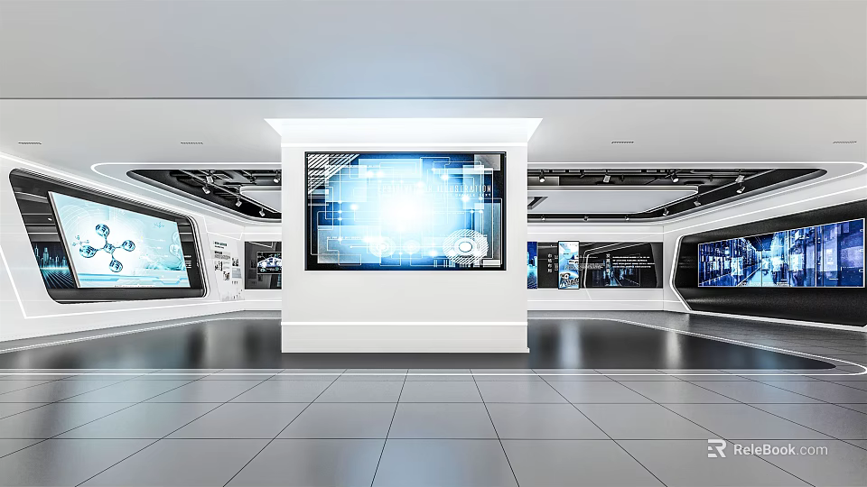 Modern High Tech Exhibition Hall With Large Digital Screens And Spacious Interior 3d model