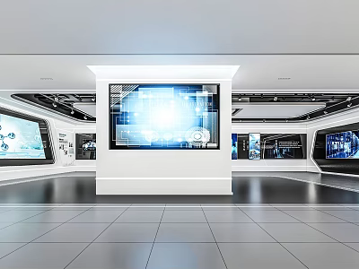 Modern High Tech Exhibition Hall With Large Digital Screens And Spacious Interior 3d model