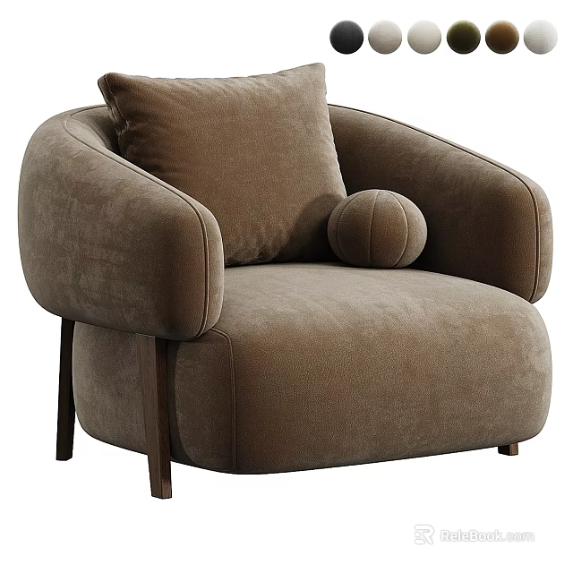 Cozy Brown Velvet Armchair With Plush Cushion And Small Round Pillow Wooden Legs 3d model 