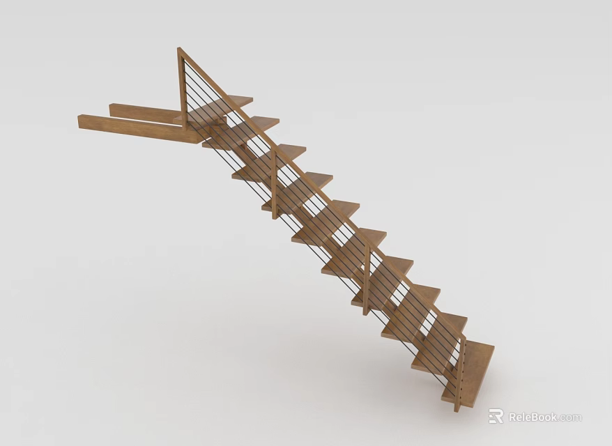 Wooden Staircase With Metal Railings Modern Sleek Contemporary Design For Interior Spaces 3d model 