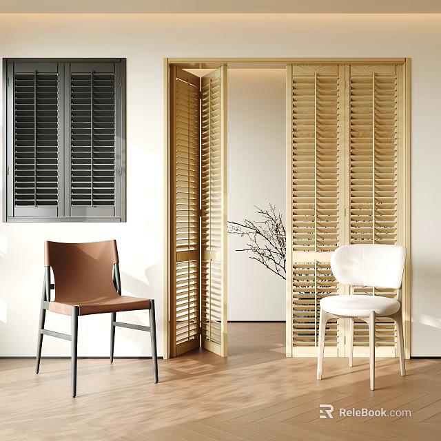Brown And White Leisure Chairs In Modern Interior With Wooden Shutters And Decorative Branch 3d model 