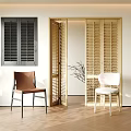 Brown And White Leisure Chairs In Modern Interior With Wooden Shutters And Decorative Branch
