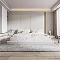 Modern Minimalist Bedroom Interior With White Platform Bed Gray Area Rug And Curtains
