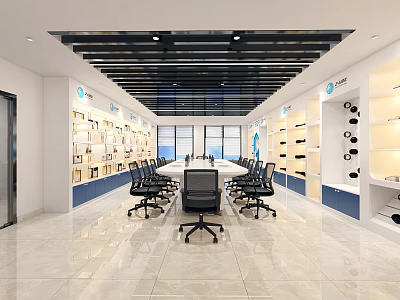Modern Office Meeting Room With Long Table Black Chairs Display Cabinets And Large Windows 3d model