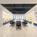 Modern Office Meeting Room With Long Table Black Chairs Display Cabinets And Large Windows