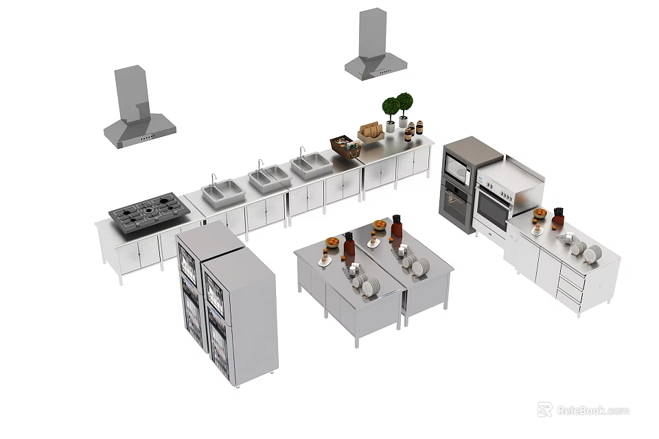 Modern Kitchen Appliances Setup With Stove Sink Refrigerator Oven Range Hood And Cabinets 3d model 
