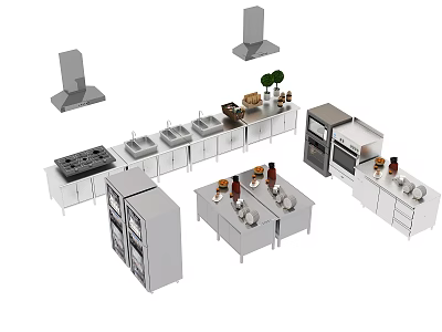 Modern Kitchen Appliances Setup With Stove Sink Refrigerator Oven Range Hood And Cabinets 3d model