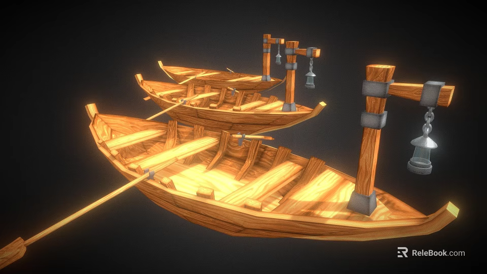Two Handcrafted Wooden Boats With Oars And Detailed Wooden Supports 3d model 