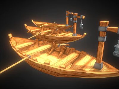 Two Handcrafted Wooden Boats With Oars And Detailed Wooden Supports 3d model