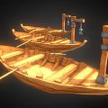 Two Handcrafted Wooden Boats With Oars And Detailed Wooden Supports