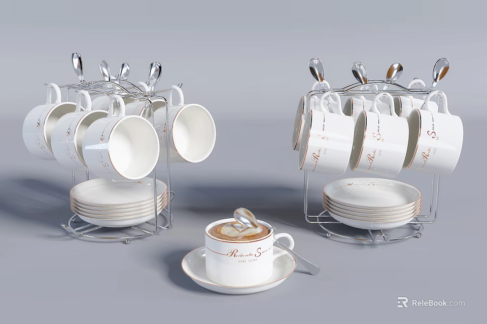 Elegant Coffee Mugs with Gold Accents on Cup Rack and Matching Saucers and Spoons 3d model 