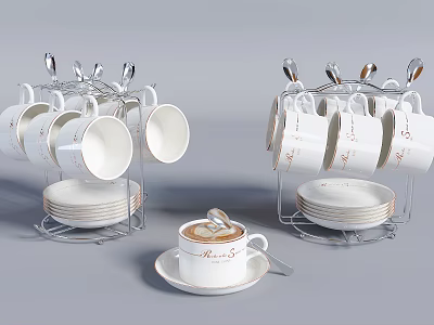 Elegant Coffee Mugs with Gold Accents on Cup Rack and Matching Saucers and Spoons 3d model