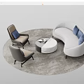 Modern Curved White Sofa Coffee Table Combination With Brown Armchairs Blue Cushions And Gray Rug