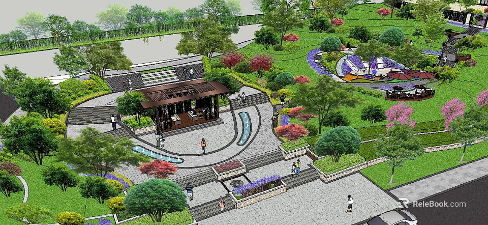 Garden Landscape Design With Pavilion Pathways Colorful Flowers Lush Greenery And Water Features 3d model 