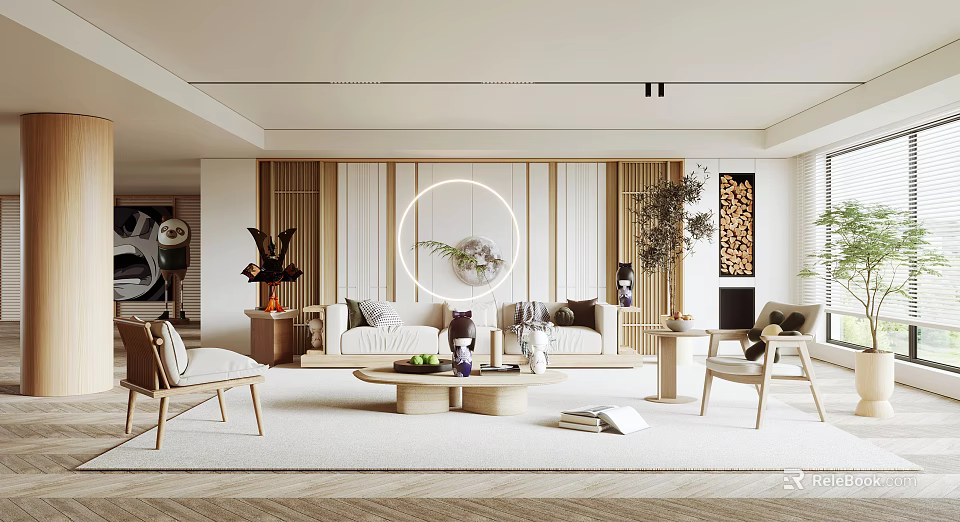 Modern Minimalist Living Room Interior With Circular Decorative Mirror Wooden Accent Wall And Sofa 3d model 