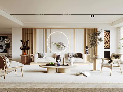 Modern Minimalist Living Room Interior With Circular Decorative Mirror Wooden Accent Wall And Sofa 3d model