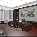 Modern Office Interior With Large Wooden Desk Leather Chair And Chinese Landscape Painting On Wall