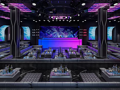 Modern Bar Interior With Vibrant Lighting Stage Seating Areas And Bar Counter 3d model