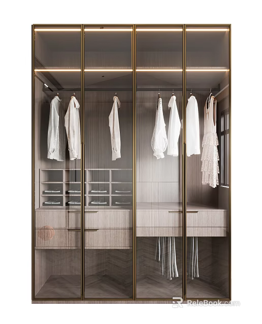 Modern Glass Door Wardrobe Interior With Hanging Clothes Shelves And Drawers 3d model 
