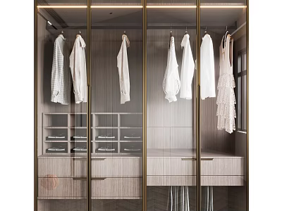 Modern Glass Door Wardrobe Interior With Hanging Clothes Shelves And Drawers 3d model