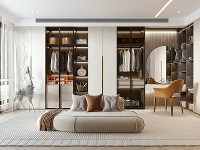 Modern Walk in Closet Interior Design With Hanging Clothes Storage Mirror And Chair 3d model