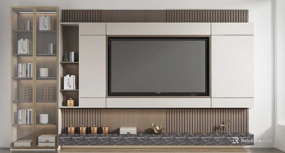Modern TV Cabinet Design With Wooden Panels Marble Countertop Shelves And Decorative Items 3d model 