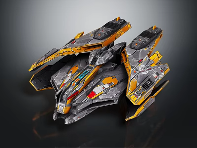 Sci Fi Spaceship Model With Gray And Yellow Mechanical Winged Structure Details 3d model