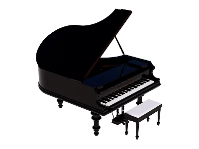 Elegant Black Grand Piano Musical Instrument With Wooden Piano Stool 3d model