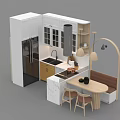 Modern White Kitchen Cabinets In Open Layout With Counter Sink Dining Table And Chairs 3d model