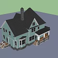 Single Family House With Light Blue Exterior Black Roof Chimney Porch And Stone Foundation