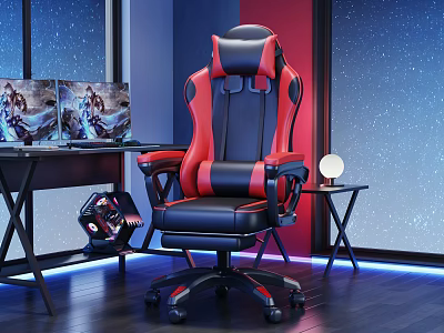 Gaming Desk Setup with Dual Monitors Red Black Gaming Chair and Starry Sky Backdrop 3d model