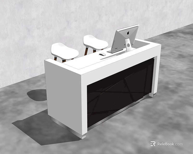 Modern White Reception Desk With Computer Monitor And Two White Stools 3d model 