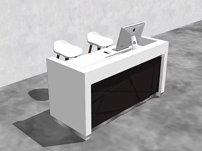 Modern White Reception Desk With Computer Monitor And Two White Stools 3d model