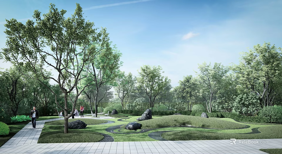 Natural Microtopography Landscape with Lush Trees Winding Paths and Green Lawns 3d model 