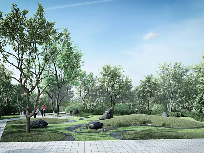 Natural Microtopography Landscape with Lush Trees Winding Paths and Green Lawns 3d model