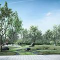 Natural Microtopography Landscape with Lush Trees Winding Paths and Green Lawns