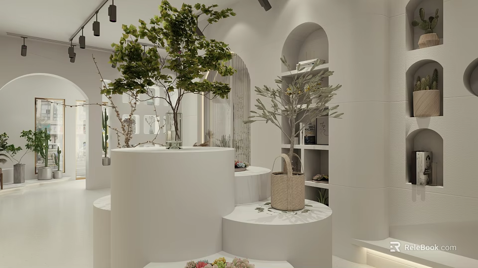 Minimalist White Boutique Store Interior With Green Plants Arched Shelves And Circular Display Stands 3d model 