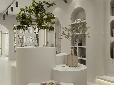 Minimalist White Boutique Store Interior With Green Plants Arched Shelves And Circular Display Stands 3d model