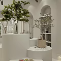 Minimalist White Boutique Store Interior With Green Plants Arched Shelves And Circular Display Stands