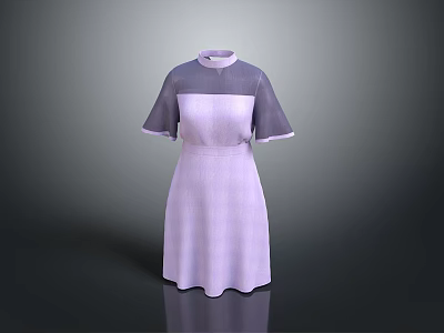Elegant Purple High Neck Dress With Short Mesh Sleeves And Flowy Skirt 3d model