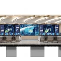 Modern High Tech Monitoring Control Room With Big Data Visualization Screens And Operator Workstations