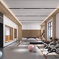 Modern Gym Interior With Spin Bikes Exercise Balls And Treadmill 3d model