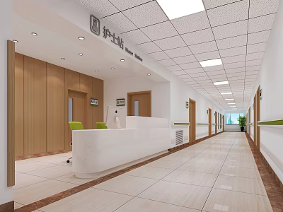 Nurse Station Interior Design With White Counter Green Chairs And Corridor Doors 3d model