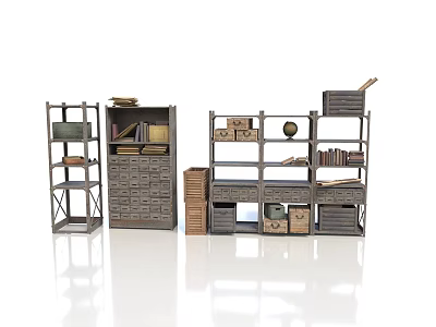 Various Storage Furniture Units With Metal Shelves Drawer Cabinets And Wooden Boxes 3d model