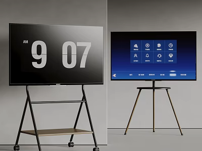 Smart TVs on Wheeled and Tripod Stands Display Time and Smart Home Control Icons 3d model