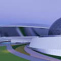 Modern Circular Architectural Building With Contemporary Design Green Grass Urban Road And Open Space